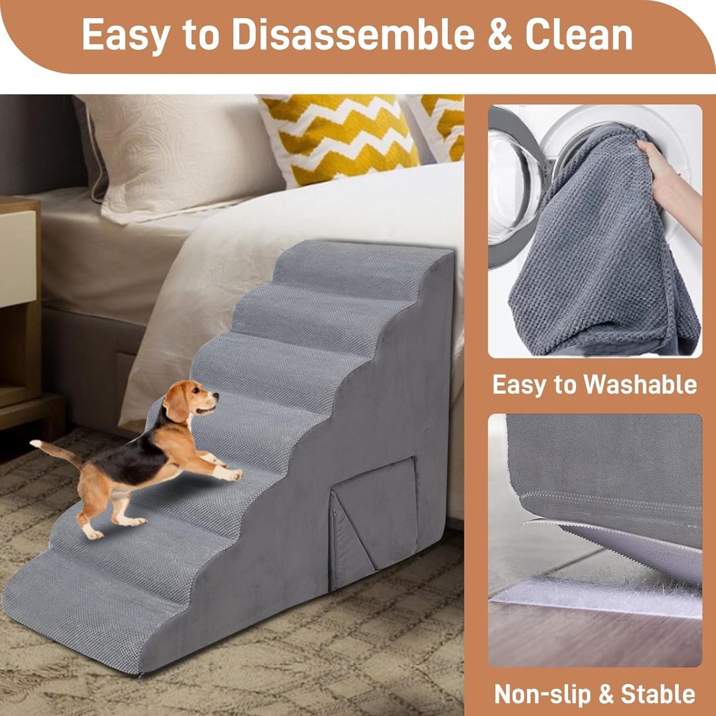 A.FATI 7-Tier Foam Dog Stairs, 33 Inch 2-in-1 Non-Slip Pet Ramp for High Beds & Sofas, Joint Protection Pet Steps for Senior/Short-Legged Dogs & Cats, High-Density Foam, Supports Up to 60 LBS