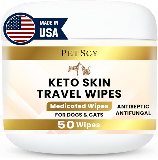 Petscy Keto Skin Travel Wipes - Antiseptic Dog Wipes for Paws, Ears, Facial Folds, Underarms & Other Sensitive Areas for Dogs & Cats – Aloe-Infused, Non-Greasy Formula (Travel)