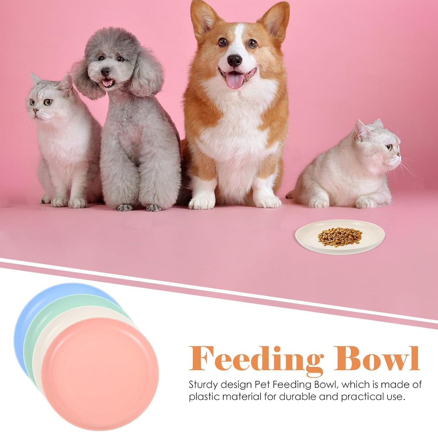 FAVOMOTO 4pcs Round Shallow Cat Food and Water Bowls Set, 15cm Flat Pet Plates for Wet Food, Small Kitten and Short-Legged Cats, Multi-Color Plastic Feeding Dishes for Indoor Use