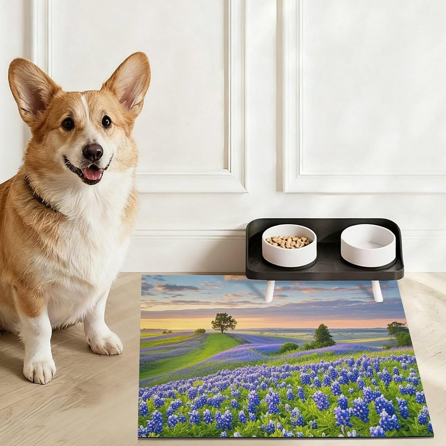 Dog Food Mat Pet Leather Tablecloth Texas Bluebonnets Scenery Pet Feeding Mat Anti-Slip Dog Bowl Mats Absorbent Pet Placemats for Dogs Protect Floor Dogs Pad for Food and Water