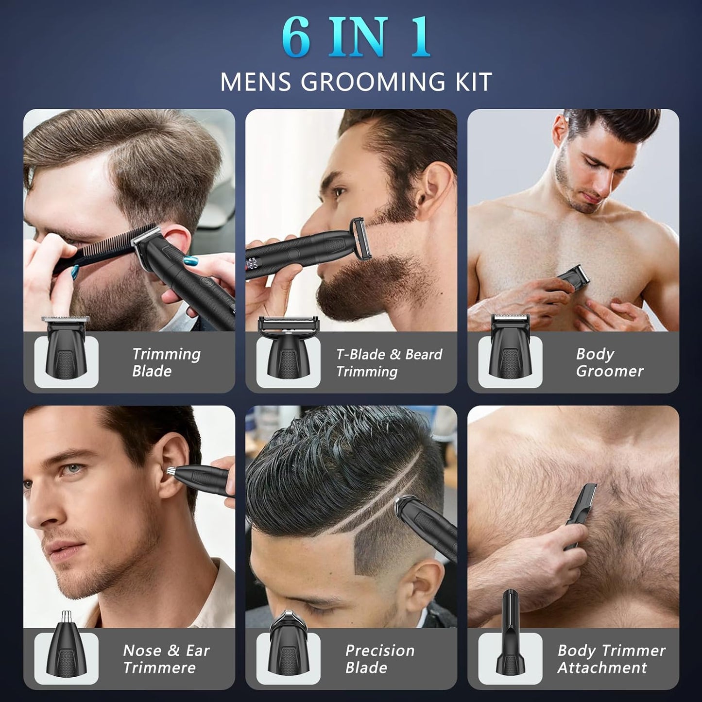 Beard Trimmer for Men 6 in 1 Cordless Waterproof Electric Hair Clippers Mustache Body Face Trimmer All in One Grooming Kit with LED Display USB Rechargeable