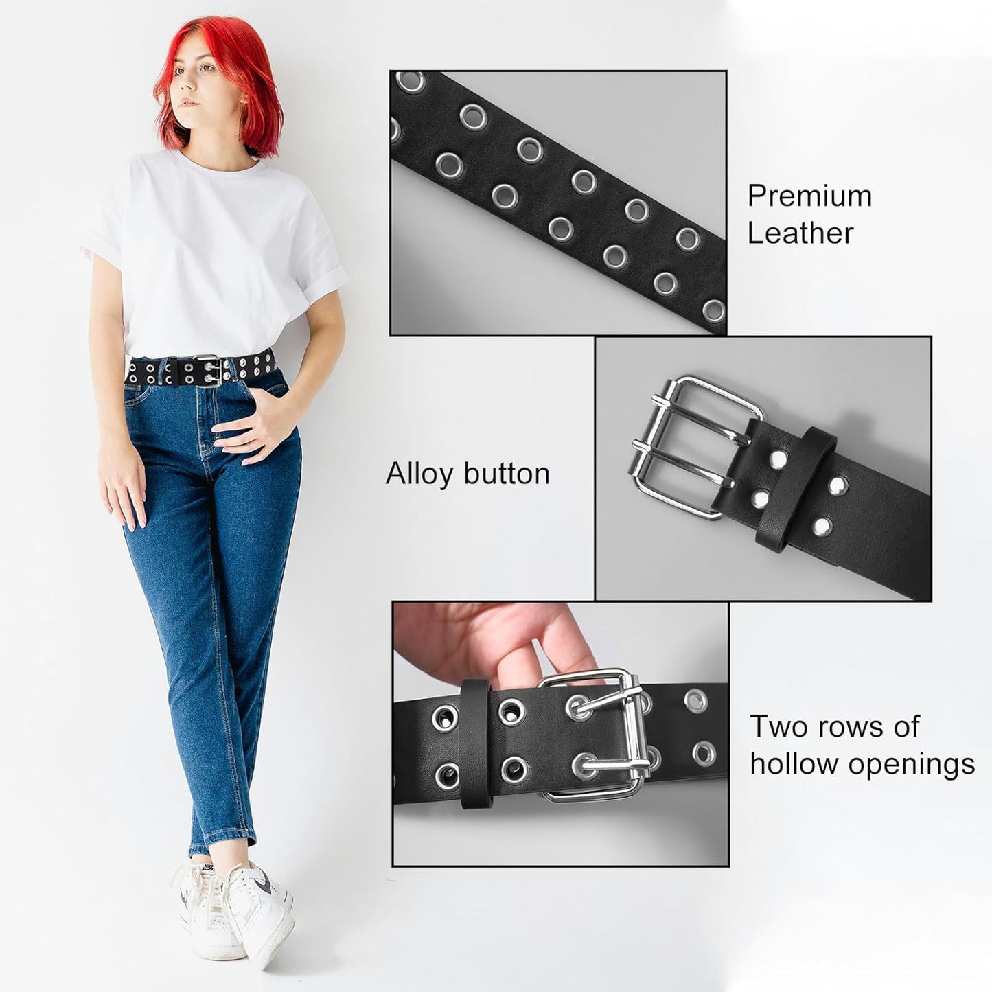4 Piece Studded Rivet Double Grommet Belt Set - Faux Leather Gothic Goth Black - Punk Style Accessories for Men Women - Ideal Gift