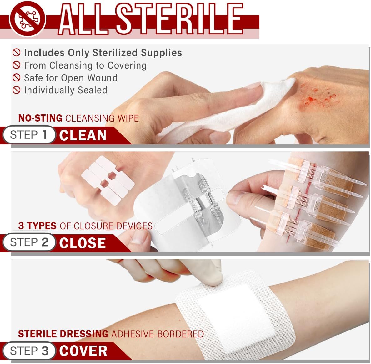 Wound Closure Kit | 28 Pcs All-in-One First Aid with Suture-Free, Stitchless Zip Devices, Butterfly Bandages, for up to 6" Wounds | 100% Sterile Medical Supplies to Clean, Cover & Heal