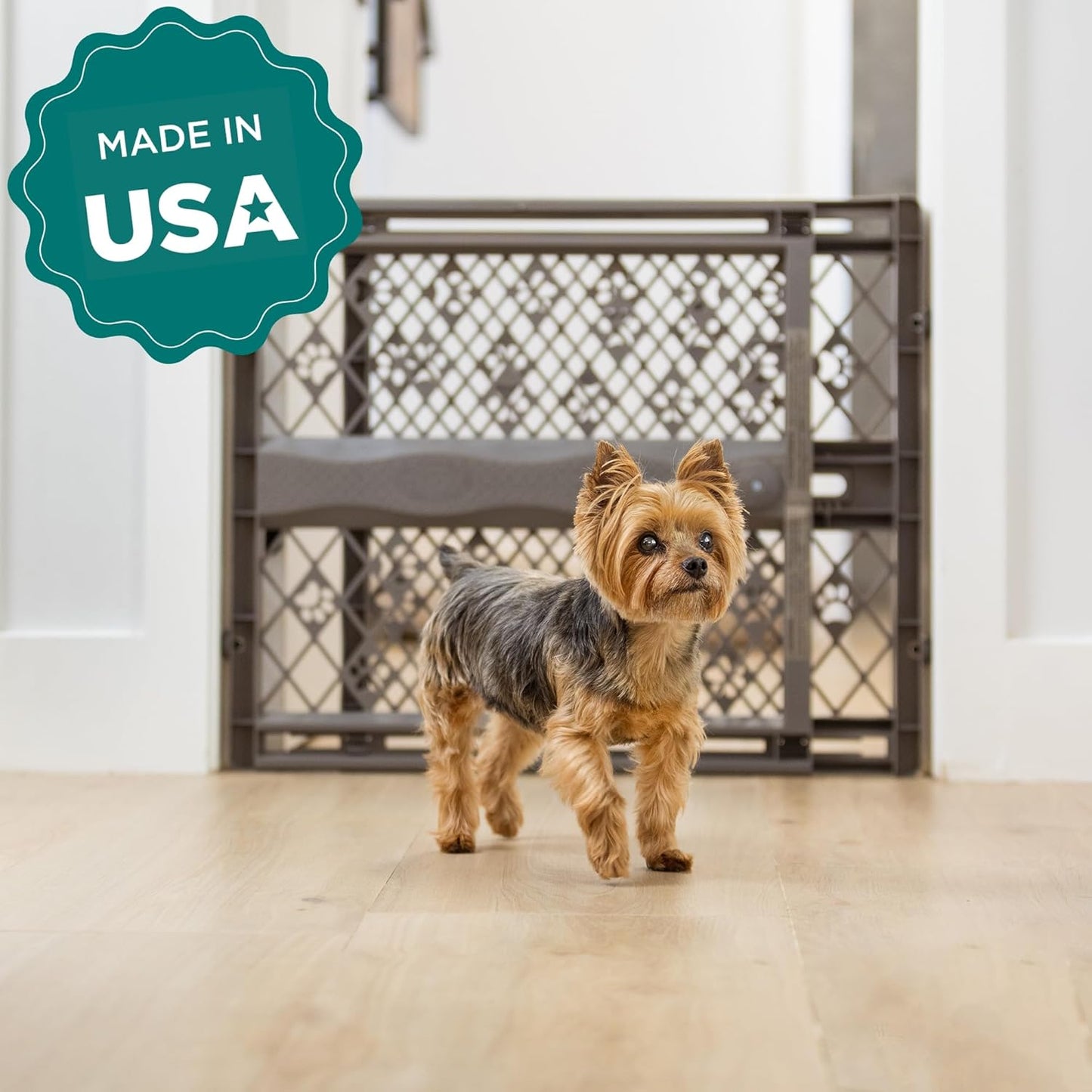 MYPET North States Paws Portable Pet Gate: 26-40" Wide. Pressure Mount. No Tools Needed. Made in USA, 23" Tall, Expandable, Durable Dog Gates for Doorways, Fieldstone Gray
