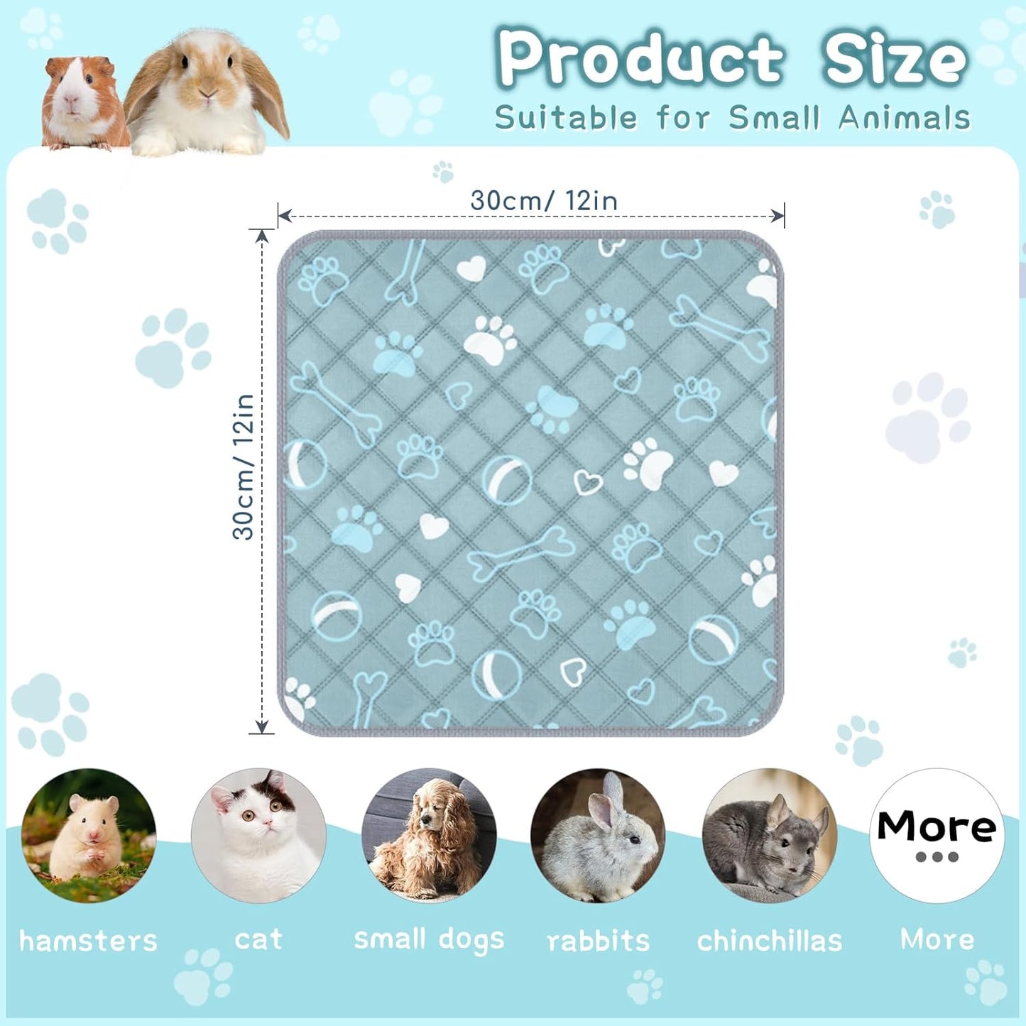 6 Packs Washable Guinea Pig Cage Liners with Paw Print & Cute Design, Waterproof Small Animal Pee Pads, Reusable Absorbent Bedding, Anti-Slip Cage Mats for Guinea Pig Bunny Rabbit Hamster (12x12in)