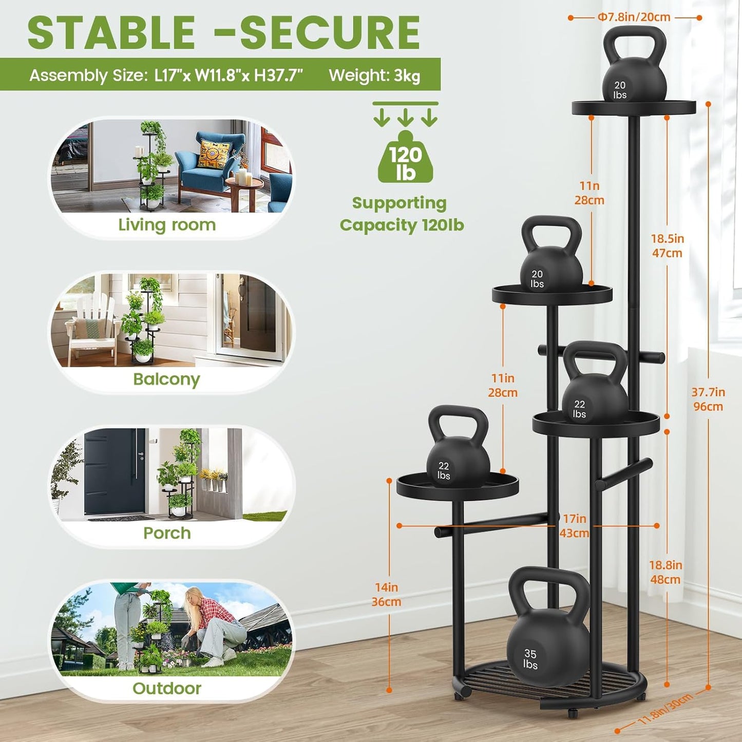 TOSKING 5-Tier Tall Plant Stand Indoor & Outdoor, Anti-Tip Round Base for Pots, Child and Pet Friendly, Heavy Duty Corner Shelf for Multiple Plants, Space-Saving Design for Living Room Balcony Garden (Black, 38in)