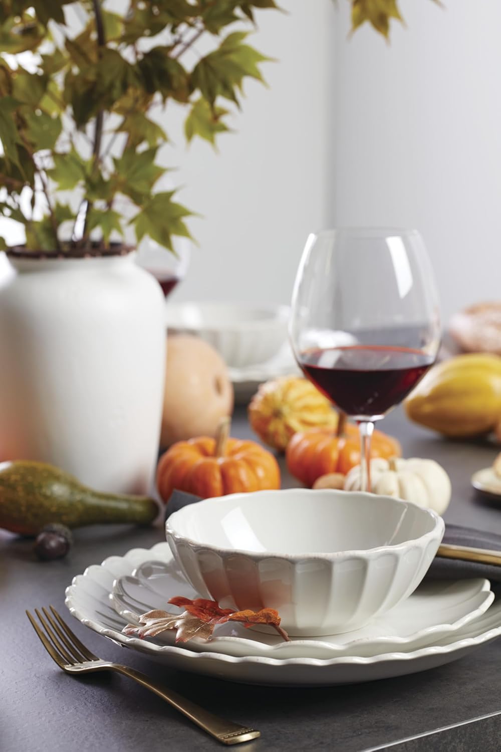 Lenox Stoneware Dinnerware Sets, French Perle Scallop 12-Piece Dinnerware Set for 4, Service For 4, Dishwasher Safe Dishware, White Dishes Set, Stoneware Dinner Plates and Bowls Sets (White, 12 Piece)