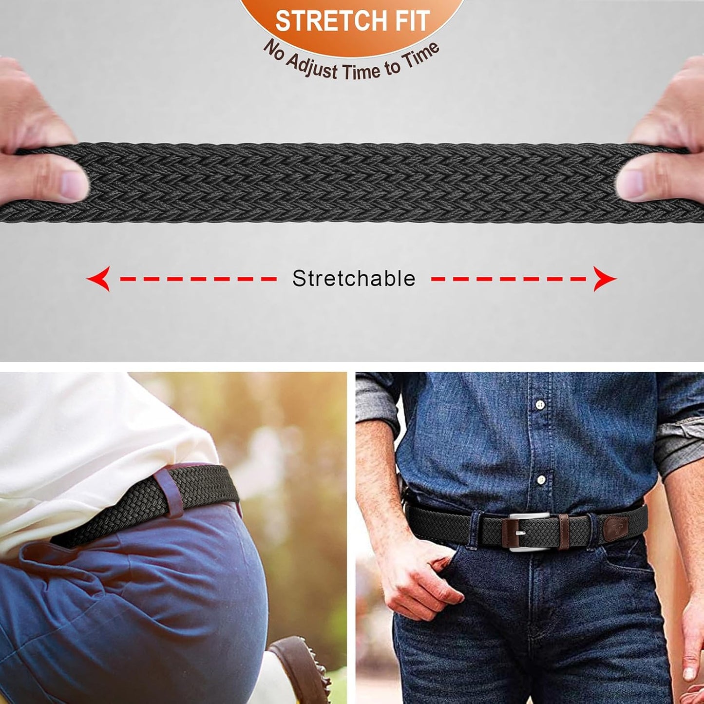 BULLIANT Belt for Men 2Pack,Mens Gift Stretch Braided Web Belt Elastic for Casual Golf Jeans,1 3/8"