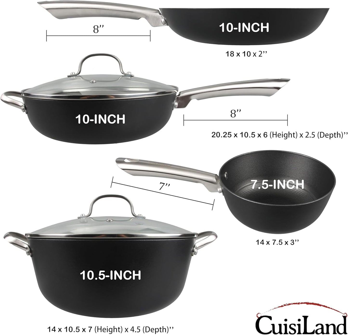 Cuisiland 4-Piece Honeycomb Cast Iron Cookware Set – 2.5QT/7.5'' Milk Pot, 10" Frying Pan, 10" Shallow Braising Pan & 5.5QT/10.5'' Casserole Pot, Non-Stick, Oven Safe, Classic Heat Retention