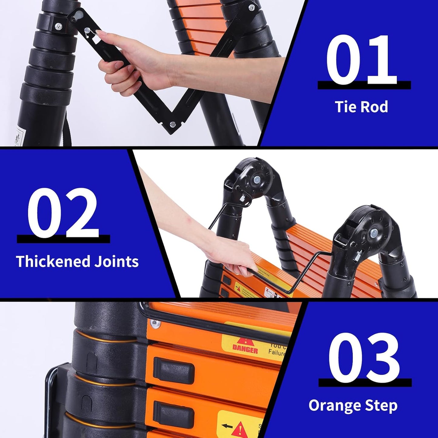 JADDUO Telescoping Ladder A Frame,12.5 Ft Compact Aluminum Extension Ladder,Portable Telescopic RV Ladder for Outdoor Camper Trips Motorhome with Tool Platform and Stabilizer Bar 330 lbs, Black Orange
