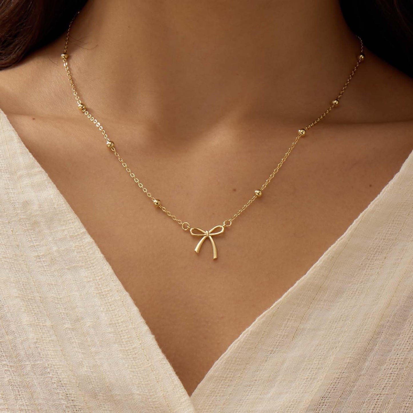 Easter Basket Stuffers - Dainty Bow Necklace for Women 14K Gold Plated Cute Choker Small Pendant Charm Necklaces Teen Gift Trendy Stuff Personalized Jewelry