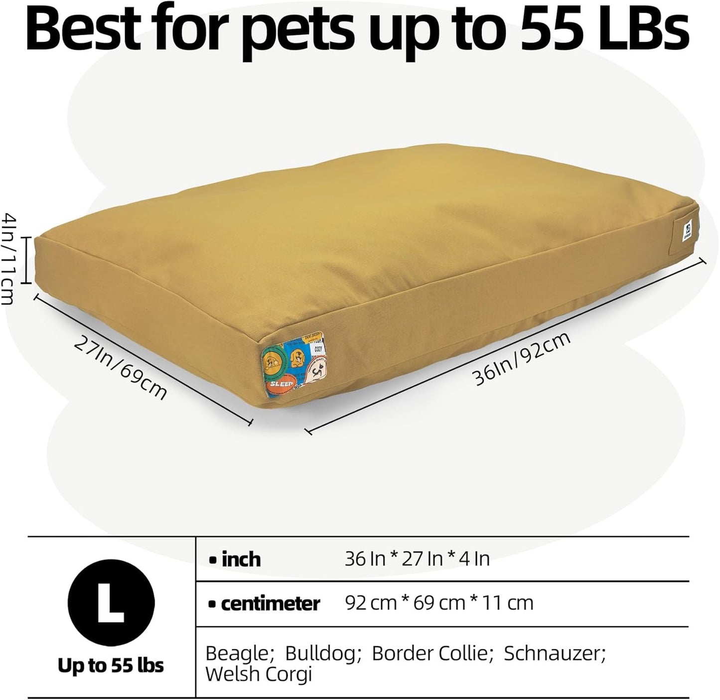 Sytopia 36 Inch Waterproof Indestructible Canvas Outdoor Dog Bed for Large and Medium Dogs, Chew Proof Dog Crate Bed with Washable Removable Cover, Indoor Outdoor Patio Pet Pad, Yellow
