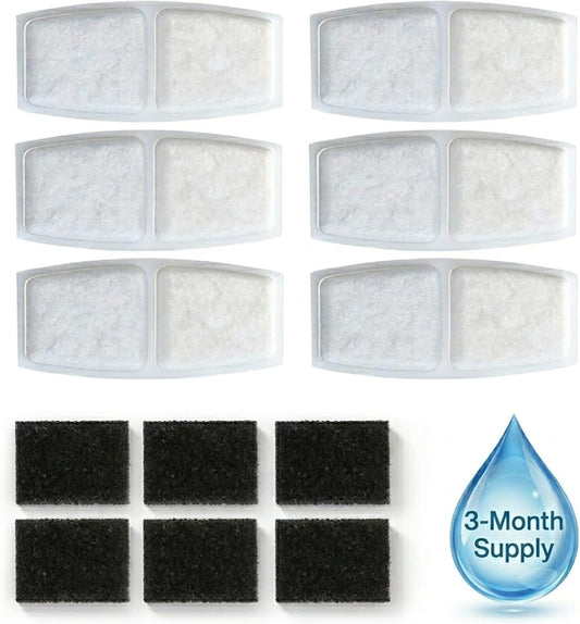 Cat Water Fountain Filters, 6 Pack Replacement Filters + 6 Pump Sponges, 4-Layer Filtration System with Activated Carbon & Resin, Compatible with Levipets Pet Fountain, 3 Month Supply