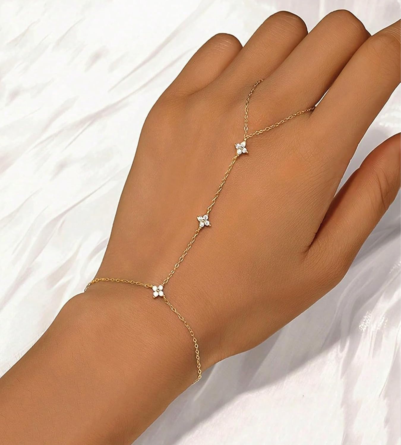 YEEZII Gold Hand Chain Bracelets for Women, 2 Pcs 14k Gold Plated Cubic Zirconia Link Chain Bracelet Set, Trendy ring bracelet hand chain Jewelry for Her