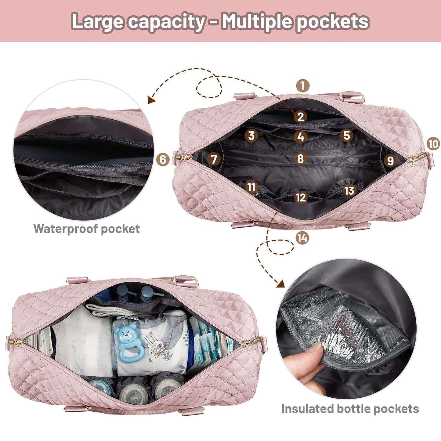 LOVEVOOK Diaper Bag Tote with Pacifier Case and Changing Pad, Large Capacity Mommy Bag for Hospital and Weekender Travel, Functional Baby Bag Newborn Baby Essential, Pink