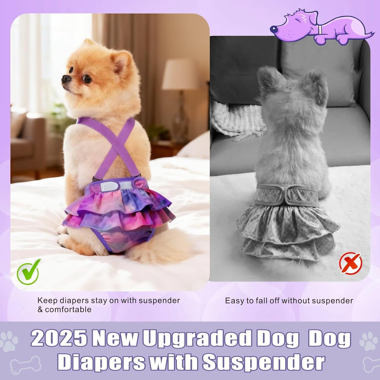 Idepet Female Dog Diapers with Suspender Detachable, 3 Pack Tie Dye Washable Reusable Girl Doggie Diapers Skirts for Small Medium Female Dog in Heat Period Cycle Urinary Incontinence Training S