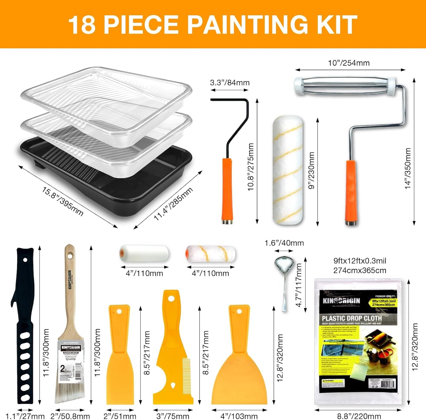 King Origin 18 Pcs Paint Roller Kit - 9" & 4" Paint Roller Covers, Paint Tray with Liners, Brush, Scrapers & Tools | All-in-One Painting Supplies for Walls, Ceilings, DIY Home | Paint Kit for House