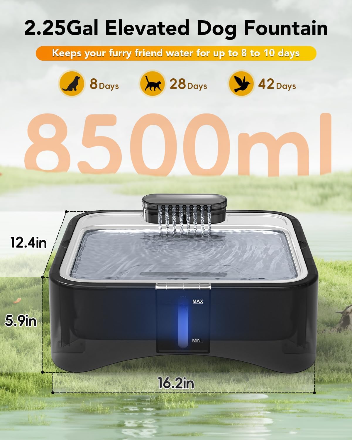 UPSKY Replacement Pump for 2.25 Gallon/8.5L Elevated Dog Water Fountain, Upgraded Water Pump with Water Tube, LED Indicator, Clog Alert, USB Power Cord