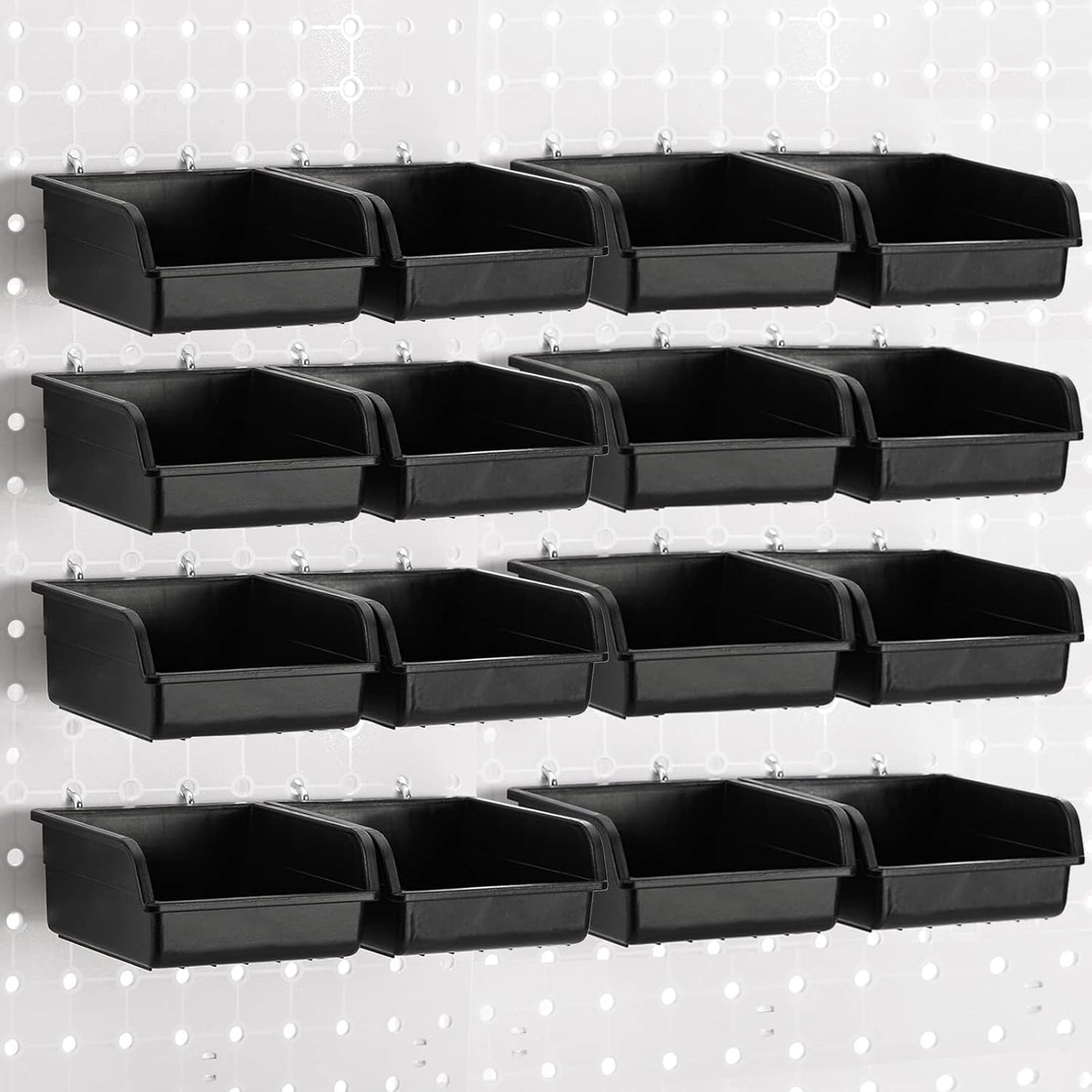 Foraineam 16 Pack Pegboard Bins with Metal Hooks, Black Garage Workbench Bins Cups Peg Board Accessories Kit, Pegboard Tools Organizer for Hardware, Workshop, Craft Room, Tool Shed, Hobby Supplies