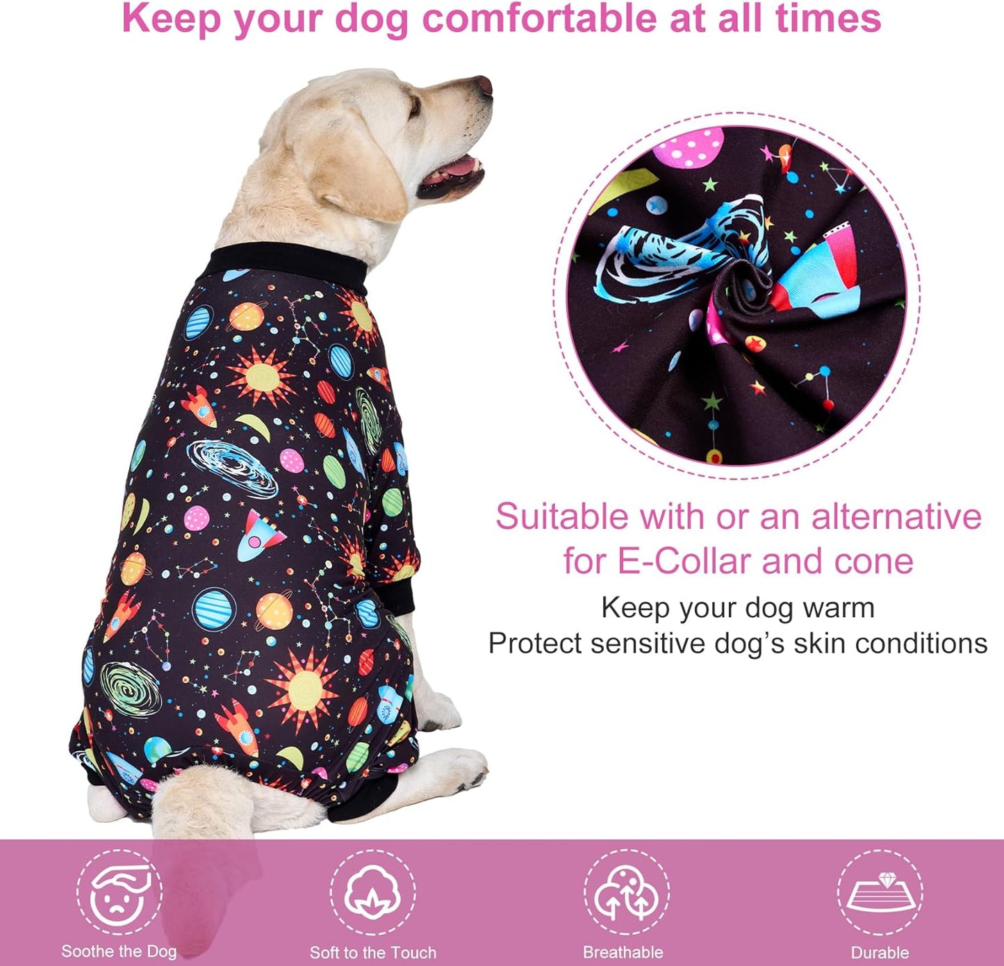LovinPet Pajamas for Large Dogs, Big Dogs Onesies, Big Dog Pajamas, Post Surgery, Wound Care, Lightweight Stretchy Fabric, Interstellar Black Print, Dog Jumpsuit, Anti Licking, Pet PJ's, 2XL