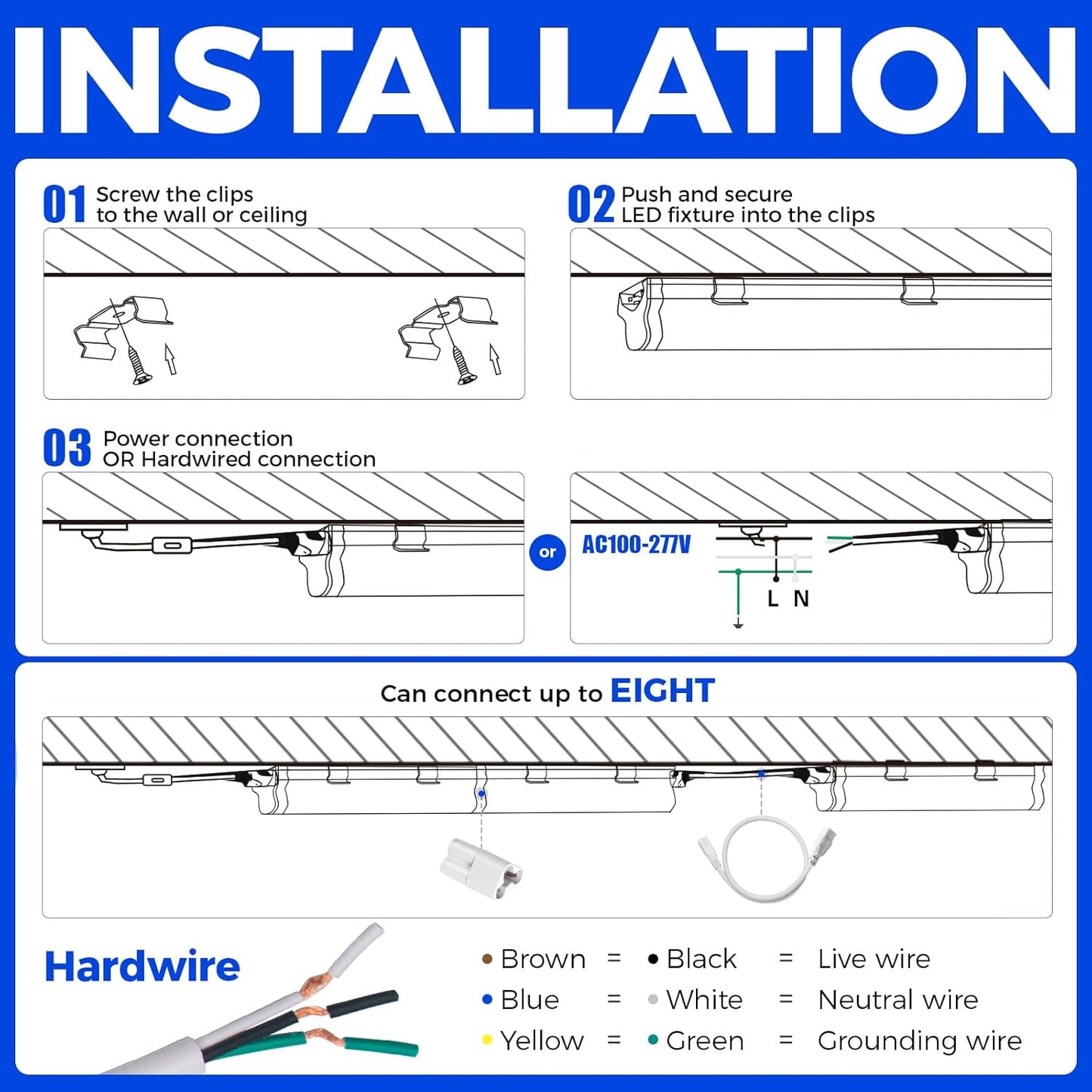 Barrina LED Shop Light 4FT, 2200lm, 4000K Cool White, T5 Led Fixture, Linkable Shop Lights, Ceiling and Under Cabinet Light, Tube Lights for Garage Warehouse Workshop Basement, ETL Listed, 8 Pack