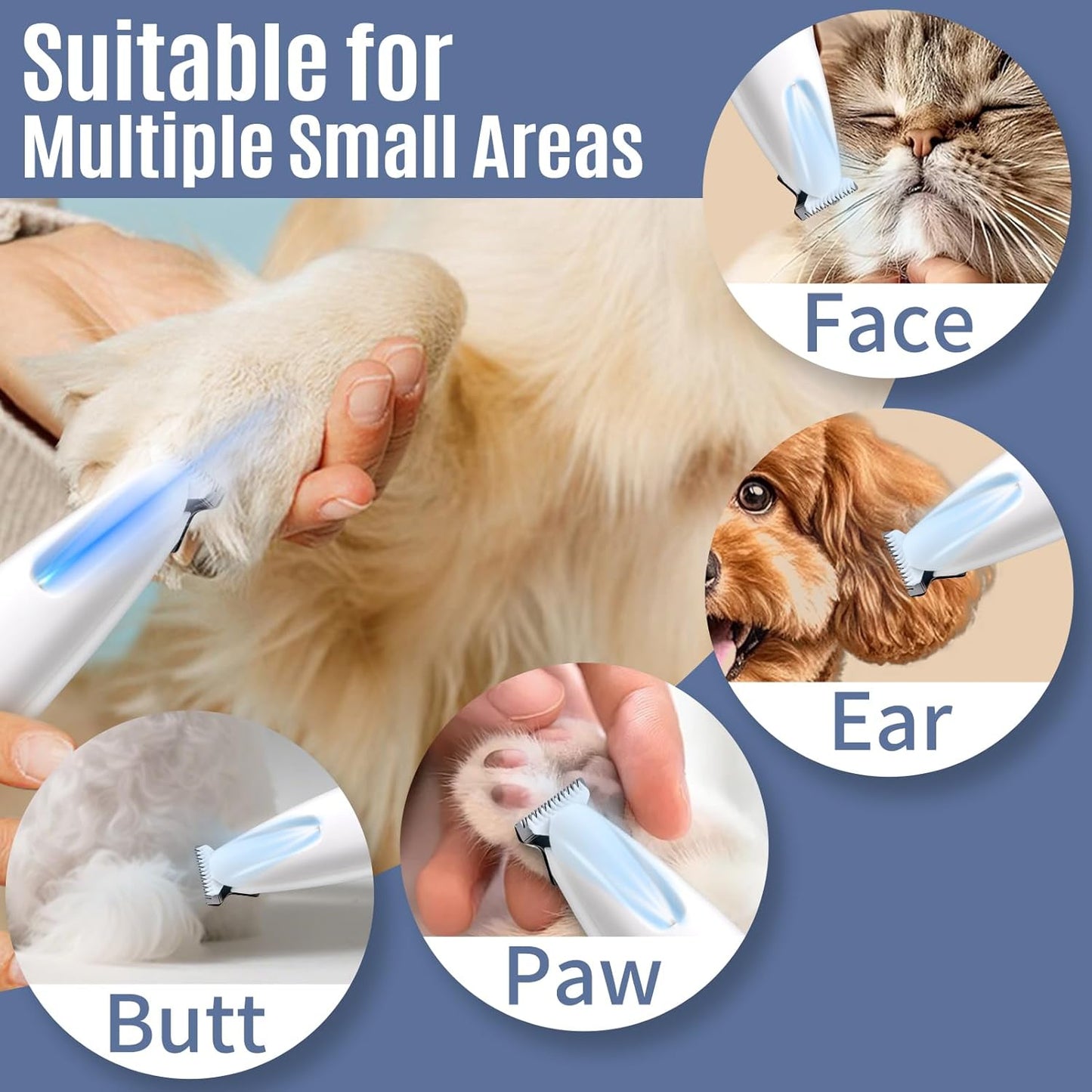 Dog & Cat Paw Trimmer with Pet Paw Balm, Low Noise Dog Face Trimmer with Led Light, 18mm-Blade Pet Hair Trimmer for Grooming Face, Rump, Eyes & Ears, Easy to Clean & Use
