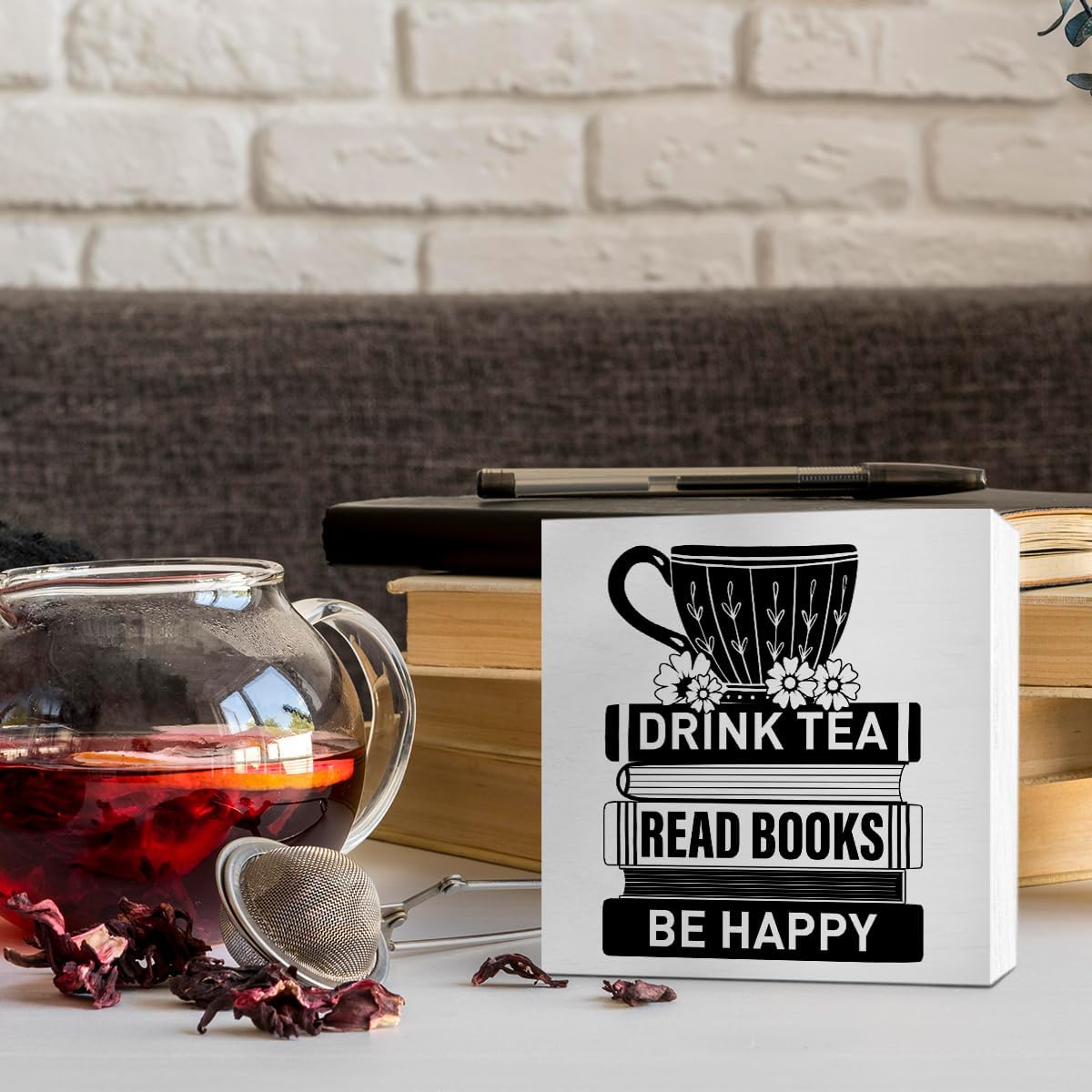 Tea Decor Wooden Box Sign, Tea Bar Tea Station Pantry Table Decor for Office Home Kitchen Decoration, Tea Lover Gifts for Women Men, Book Lover Gifts for Women Men, Drink Tea Read Books Be Happy