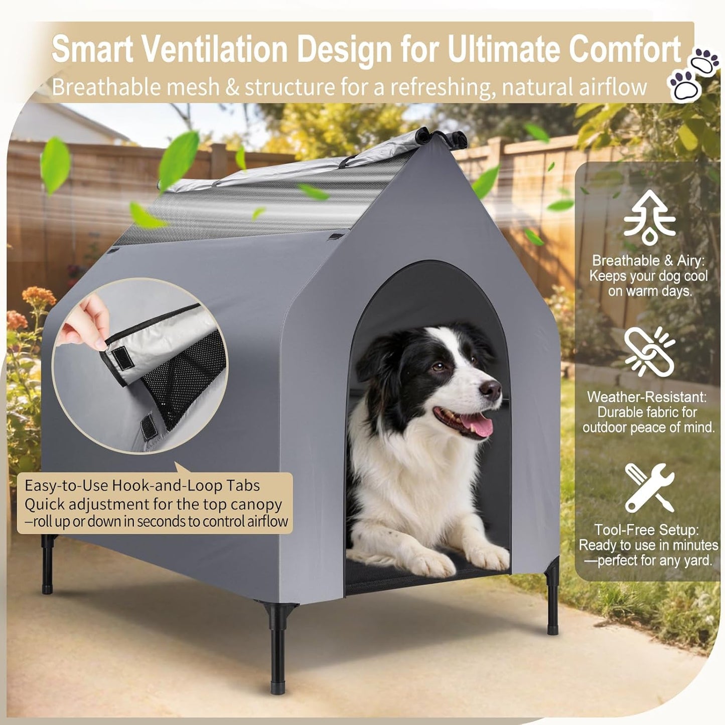 49" Large Elevated Dog House for Outdoor & Indoor Use, Weatherproof 600D PVC Fabric, Breathable Mesh Windows, Textilene Elevated Dog Bed, Easy Clean Dog Cot for Large Dogs