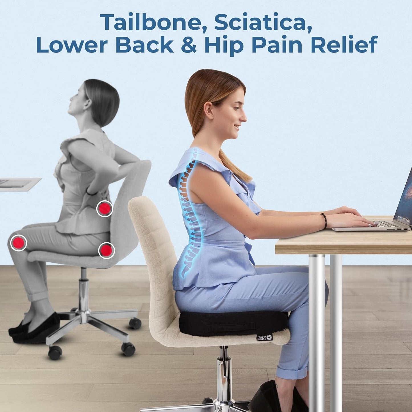 Seat Cushion for Office Chairs - Tailbone, Coccyx Pain Relief - Butt, Pressure & Sciatica Relief - Gaming, Wheelchair, Car & Desk Pillow, Black