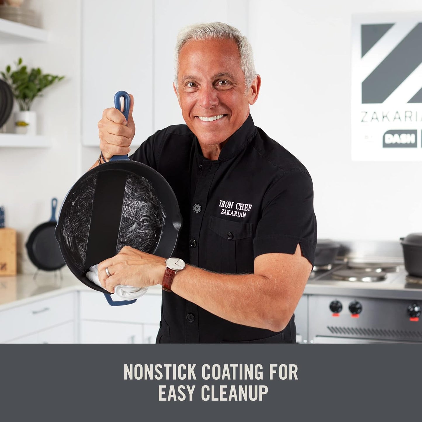 DASH Zakarian by Dash 9"x13" Nonstick Cast Iron Pan with Pour Spout and Removable Silicone Grips for Searing, Baking, Broiling, Grilling and more- Black