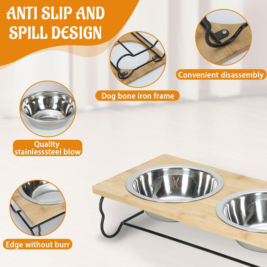 Elevated Dog Bowls for Small Medium Dogs,Wooden Pet Raised Food Bowl Stand Stainless Dishes Feeding Set Wood Stands for Cat and Puppy Feeder Steel Dish Station Bulldog Dachshund Feeders