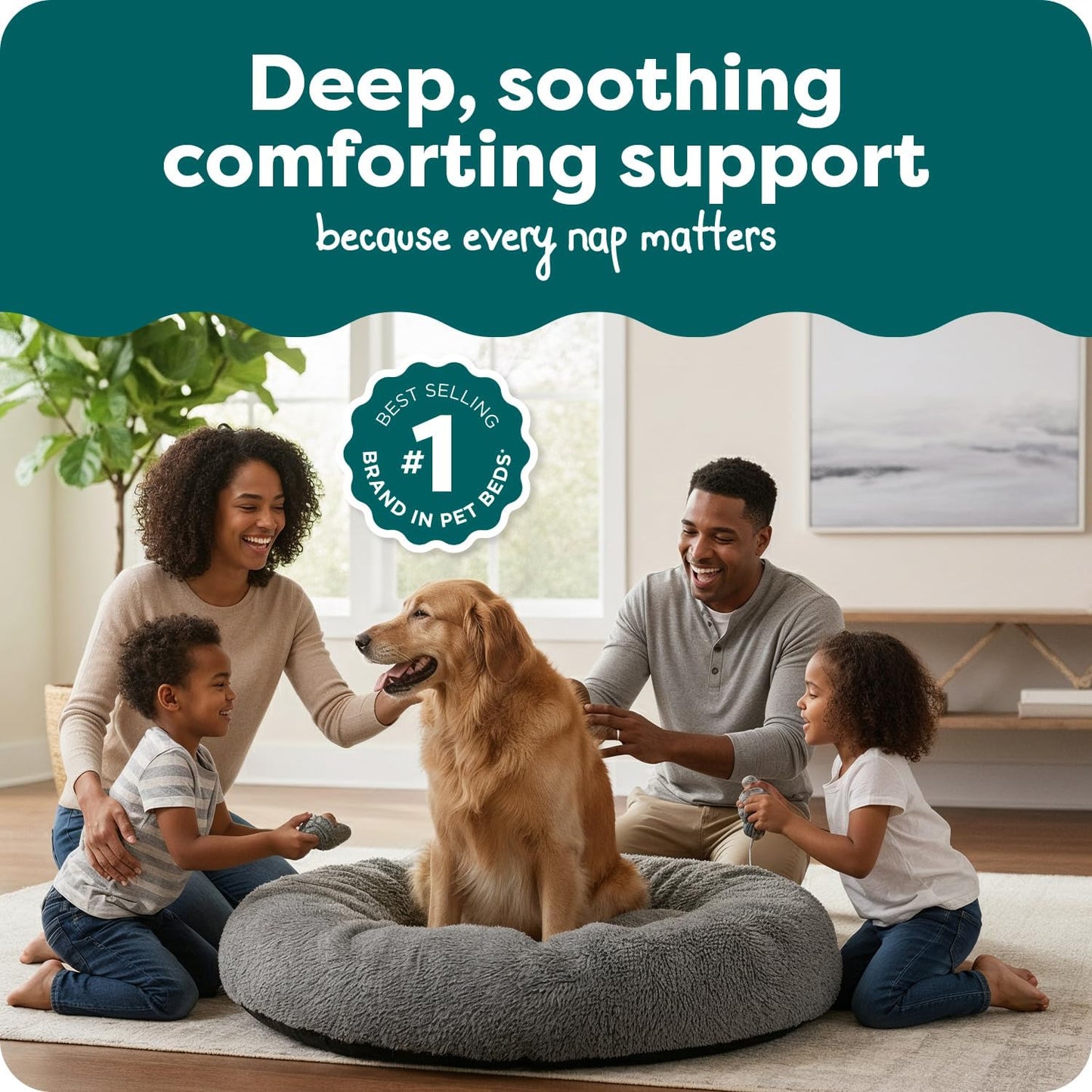 FurHaven 45" Calming Donut Dog Bed for Large Dogs, Round Plush Donut Design with Soft Filling for Snuggling Comfort, Removable Washable Cover, Jumbo XL, Shaggy Faux Fur, Gray