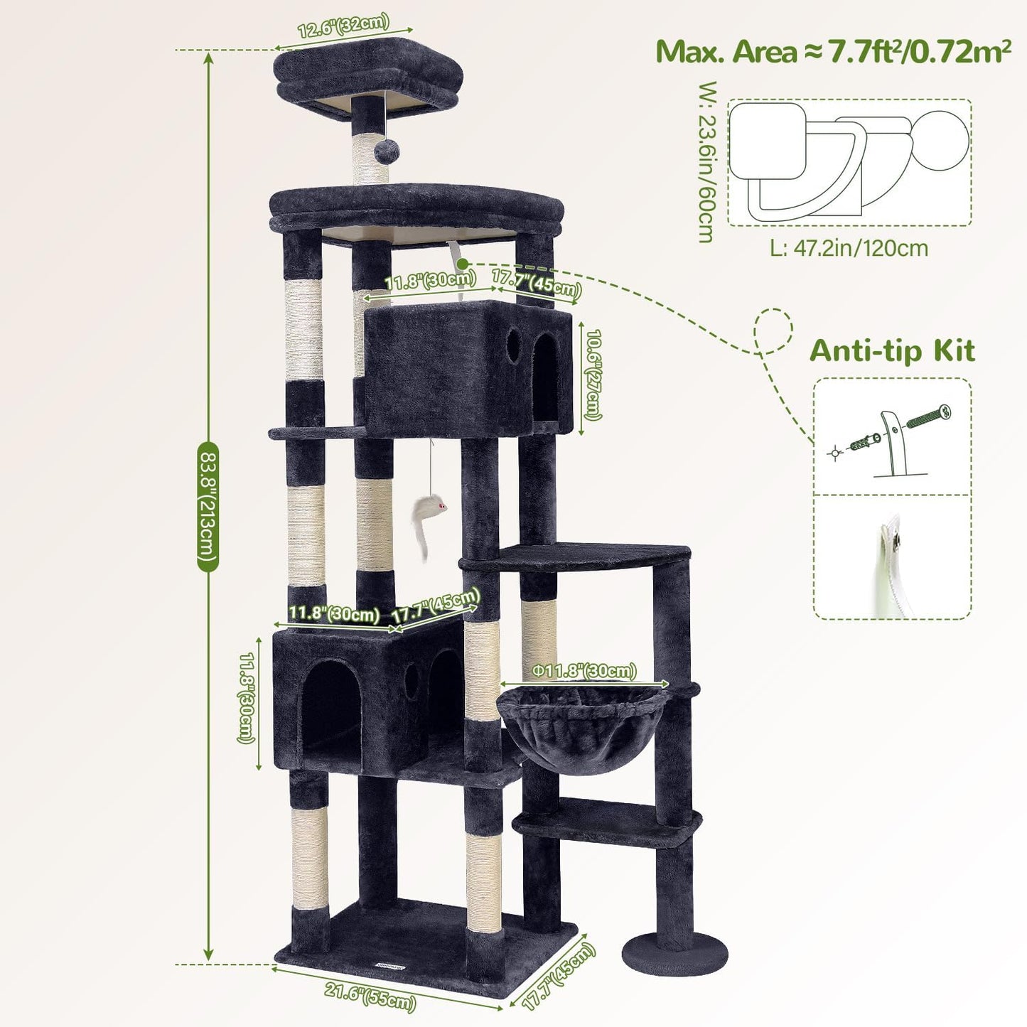 Globlazer Giant Cat Tree, 83 inch Cat Tree for Indoor Cats Large Adult, XXL Cat Tower with 9 Scratching Posts for 20lb+ Heavy Duty Large Adult Cats, F83, Dark Grey