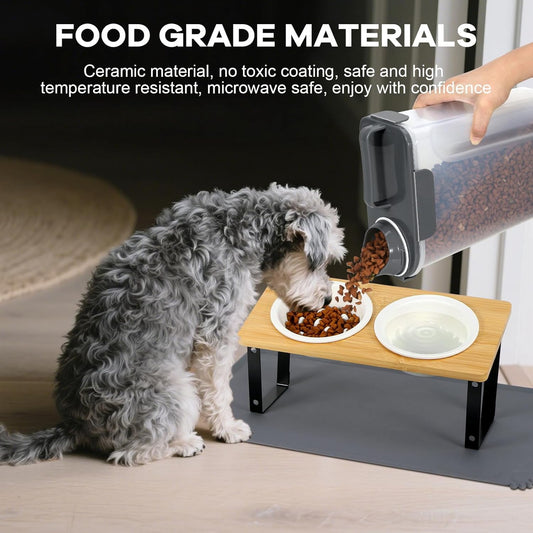 Upgraded Adjustable Height Cat Food Bowls Stand Ceramic Dog Bowls and Slow Feeder Cat Bowl, 15°Tilted Stand Anti Vomiting Raised for Small and Medium Sized Cats Dogs (Creamy White)