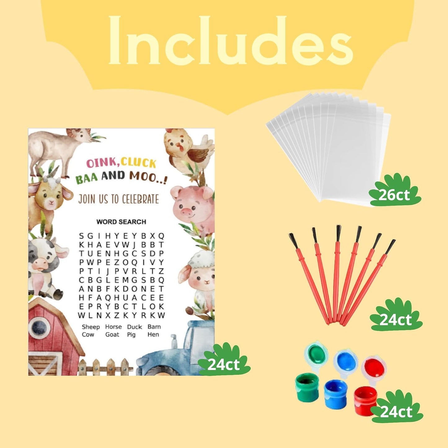 GEECOZYLIFE Farm Party Favors - 24 PCS Farm Animals with Art Supplies - Farm Barnyard Wooden Painting Kit - Thank You for Coming Gift - Kids Birthday Boys Girls Gifts Bulk