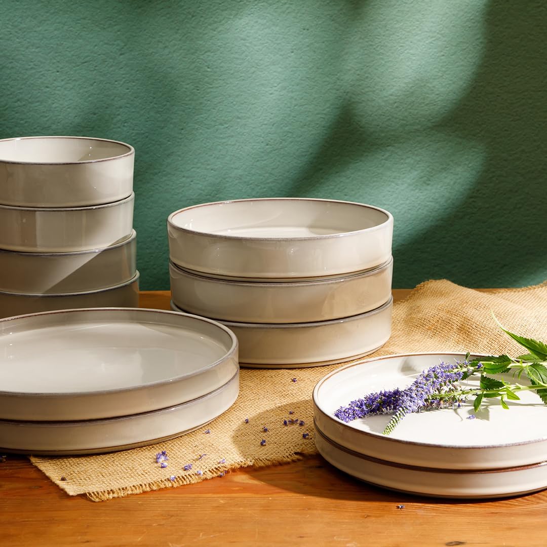 Bloomhouse - Two Time Oprah's Favorite Things Winner - Santorini Mist Double Bowl Terracotta Reactive Glaze Plates and Bowls Dinnerware Set - Moonstone White, Service for Four (16pcs)
