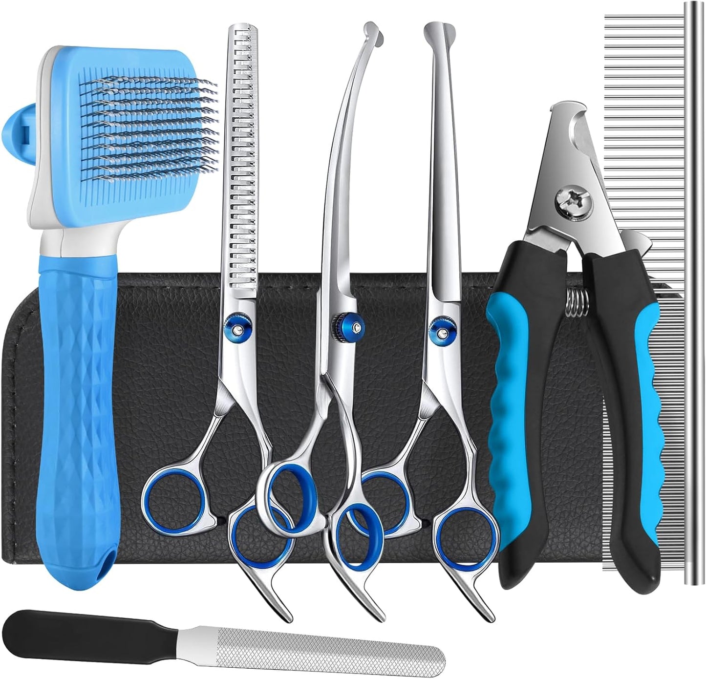 Professional Dog Grooming Scissors Set, 8-in-1 Stainless Steel Pet Grooming Kit with Hair Comb, Nail Clipper & Brush for Dogs, Cats at Home