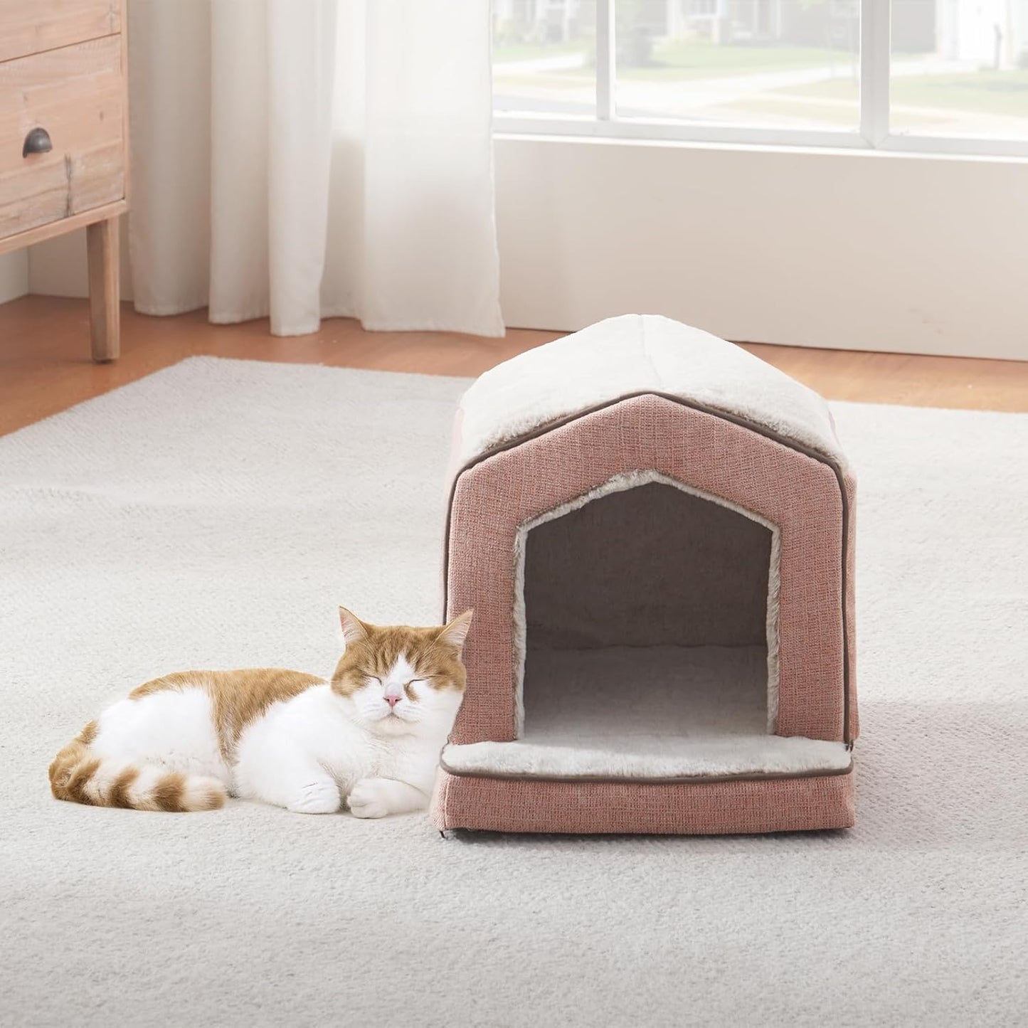 Orthopedic Cat House for Indoor Cats,Small Dogs,Super Soft Cat Bed Cave,Condos, Cubes,Cat Hideaway,Covered,Cat Bed for Kitty Small Medium Large Pet (Pink, 18" L x 15" W x 17" Th)