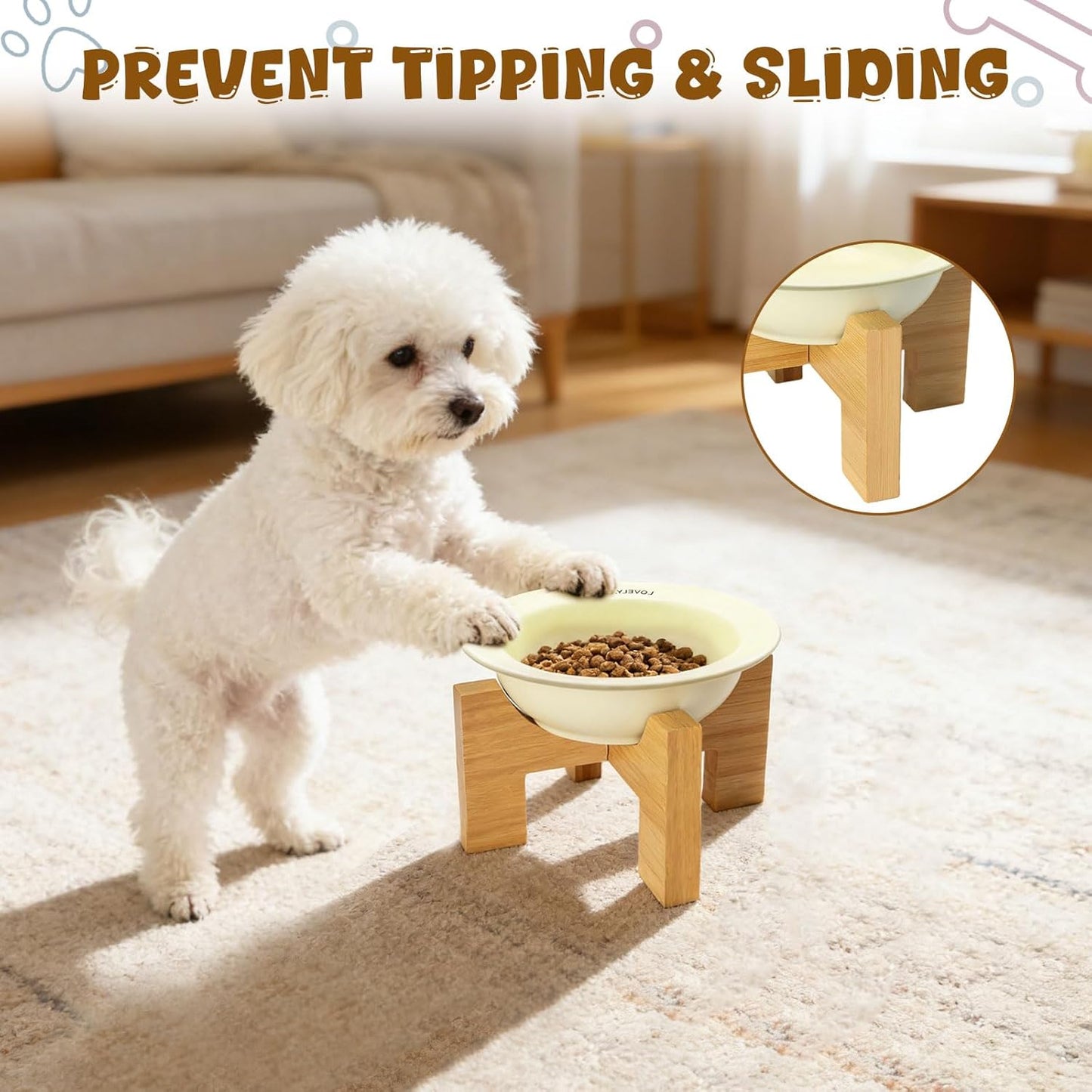 Elevated Dog Bowls Stand for Small & Medium Dogs, Ceramic Dog Bowl with 3.2 inch Bamboo Stand - Anti Vomiting, with 200 Pcs Disposable Feeding Bowls Liner Bulk