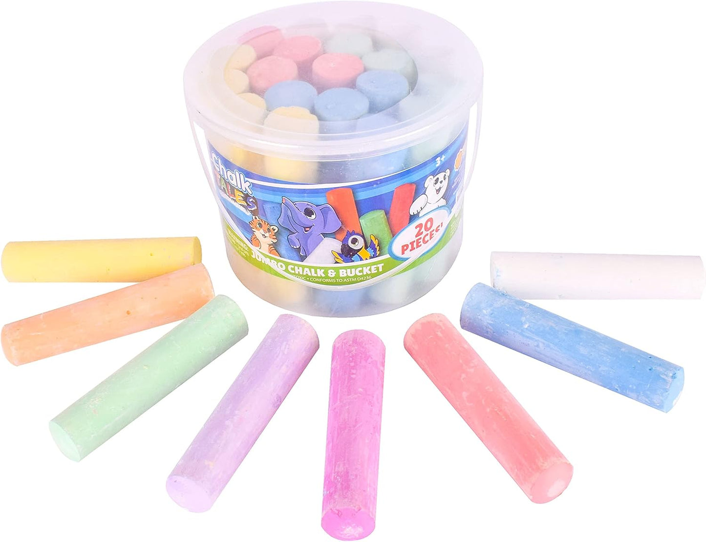Sunny Days Entertainment Sidewalk Chalk Set for Kids with Storage, Washable, Jumbo Colored Chalk for Outdoor Play and Chalkboard Art - Ages 3+ (20 Pieces, Multicolor)