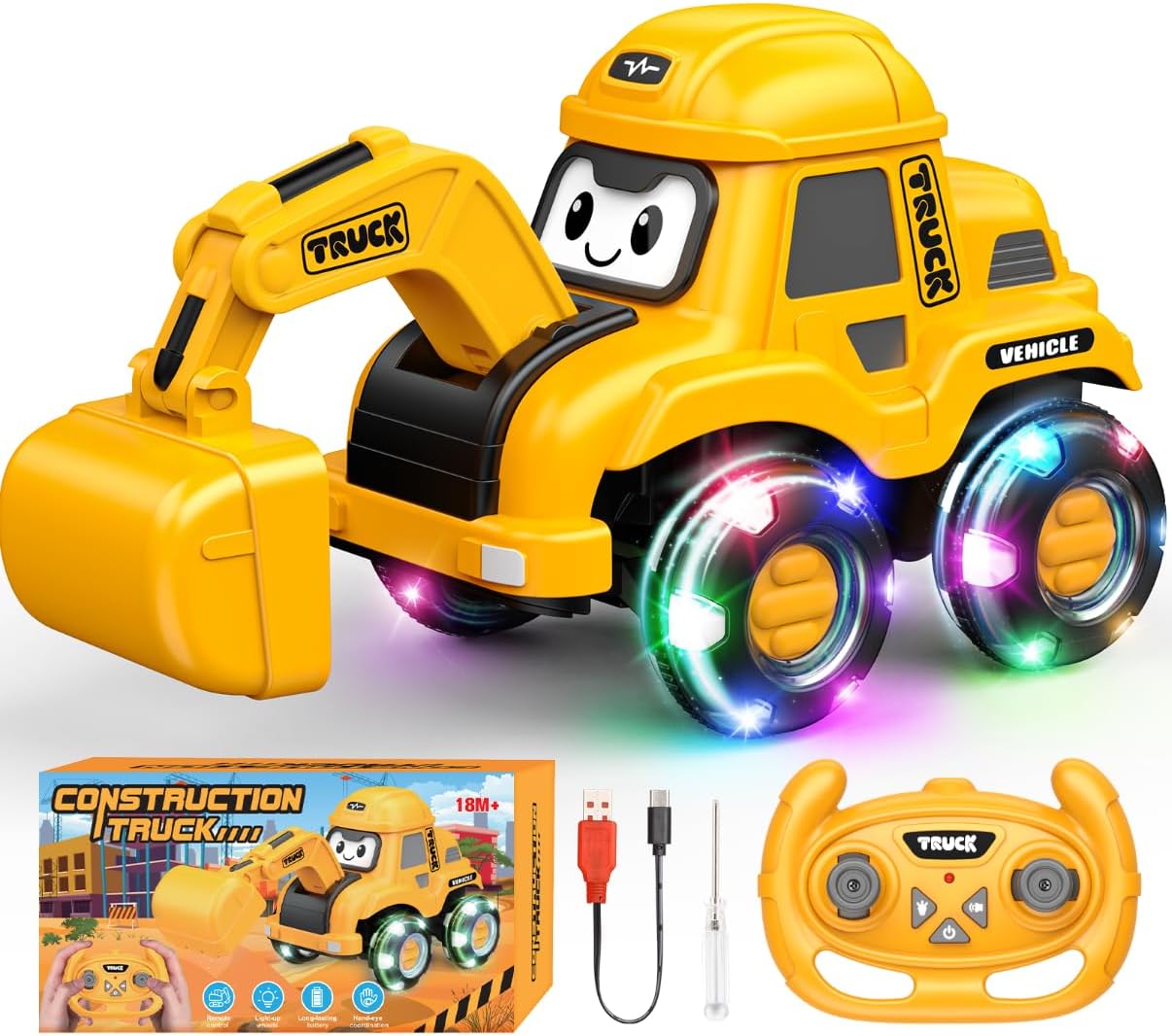 Toddler Toys Remote Control Car with Flashing Light Wheels & USB Rechargeable Construction Toys Excavator Truck for Toddlers Aged 2 3 4 5 6,Easter Basket Stuffers Gifts for Toddler Boys Girls
