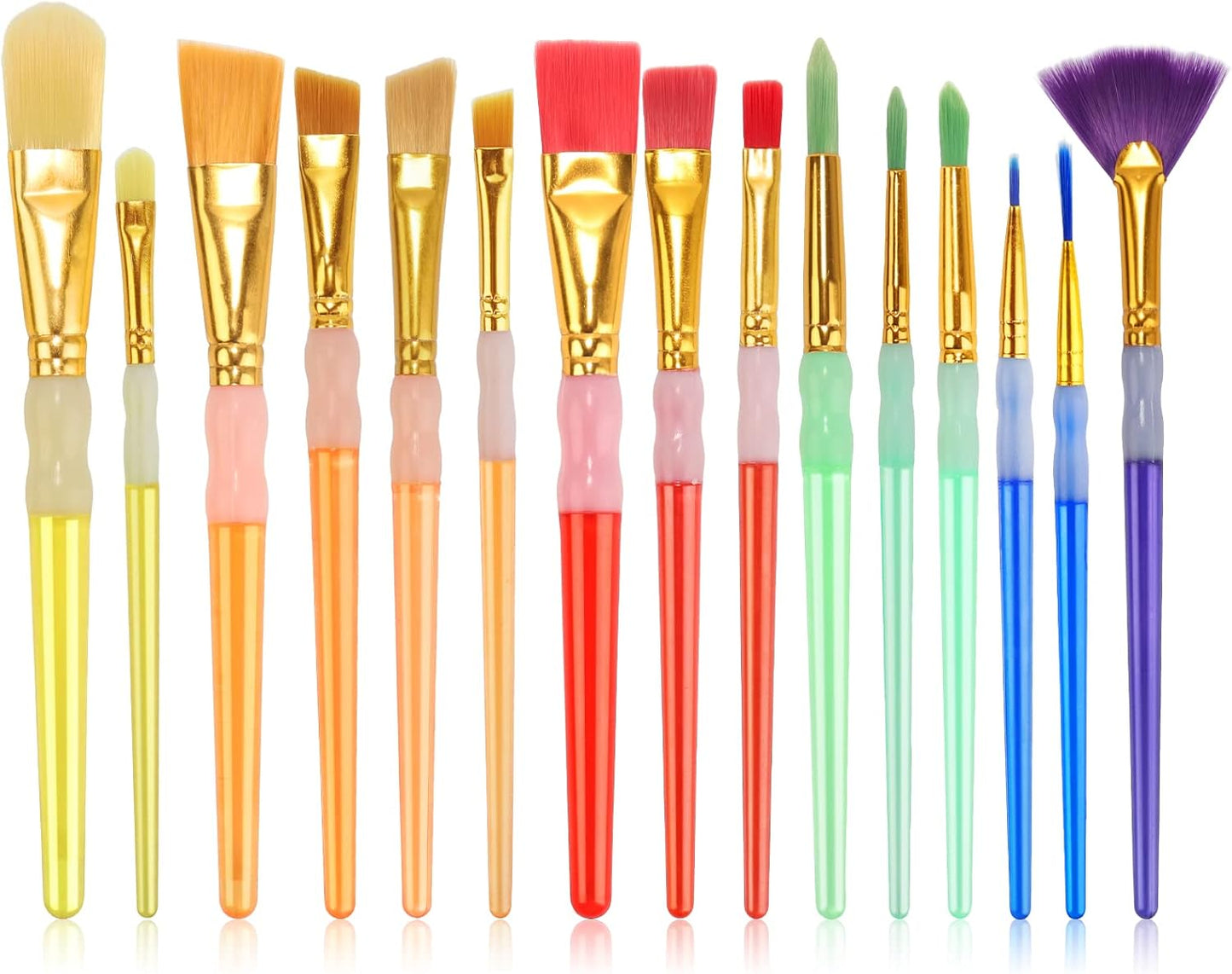 15Pcs Paint Brushes Value Pack, Includes 15 Different Types of Brushes, Nylon Colorful Hair with Silicone Crystal Penholder, Prefect Works with Oil, Acrylic and Watercolor Painting