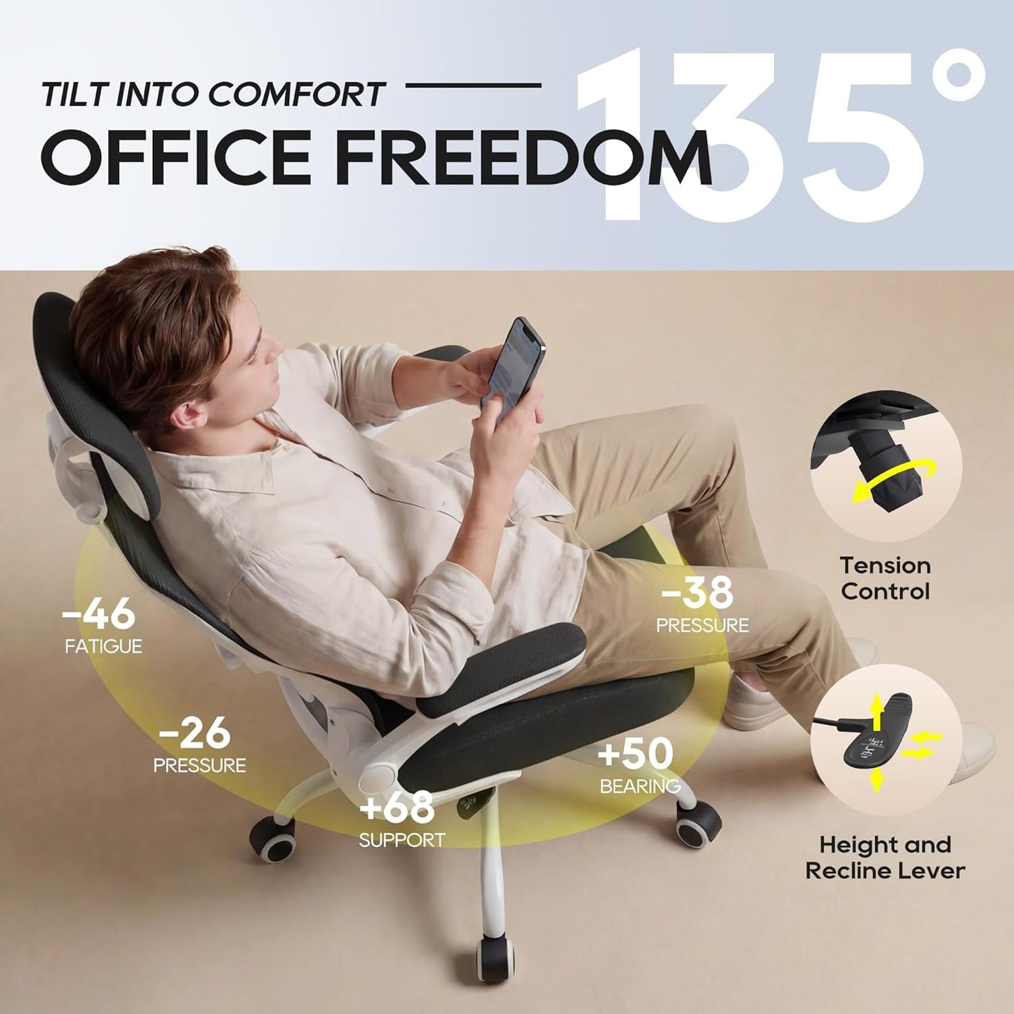 Ergonomic Office Chair, High Back Mesh Desk Chair with Adjustable Lumbar Support & Headrest, Flip-up Armrest, Computer Task Chairs for Home and Executive Office (W-Black)