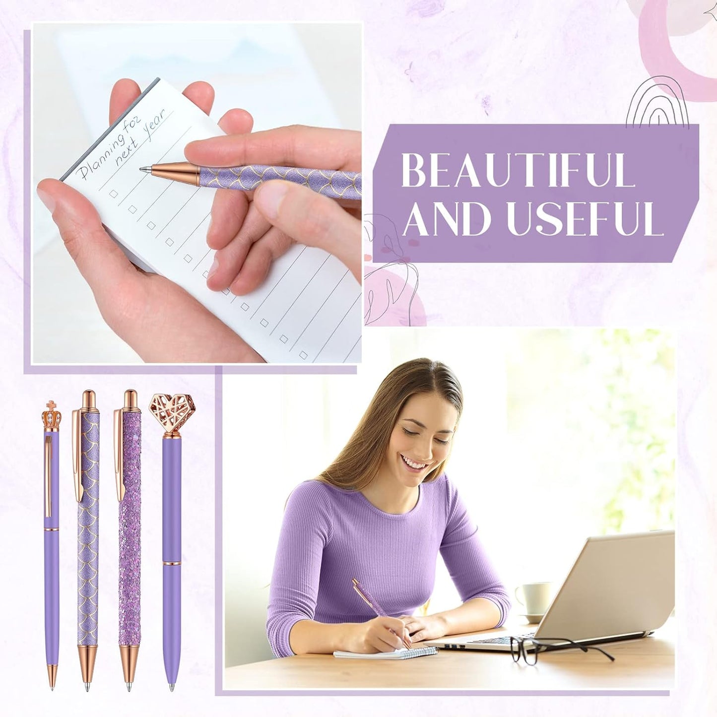Janmini 9 Pcs Ballpoint Pens Set Metal Crystal Diamond Glitter Pens for Journaling Black Ink Pretty Cute Things Fancy Stationery Gifts for Women Girls Birthday Home Office Desk(Purple)