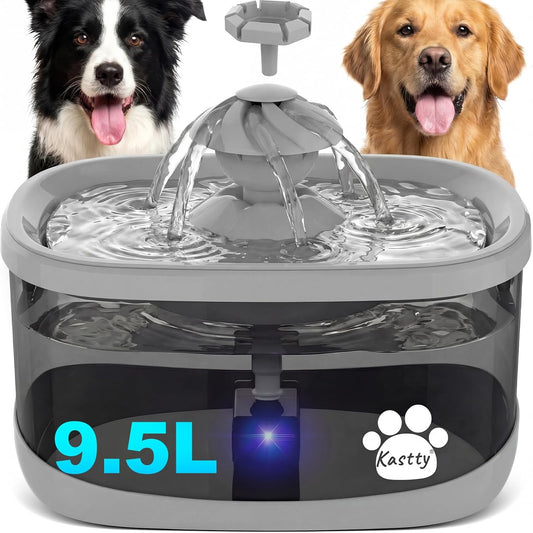 Kastty 9.5L Dog Water Fountain for Large Dogs,2.5Gal Large Capacity Pet Water Fountain with 3 Flow Modes, Automatic Quite Dog Water Bowl Dispenser with Water Window & LED,Easy to Clean(FS82,Grey)