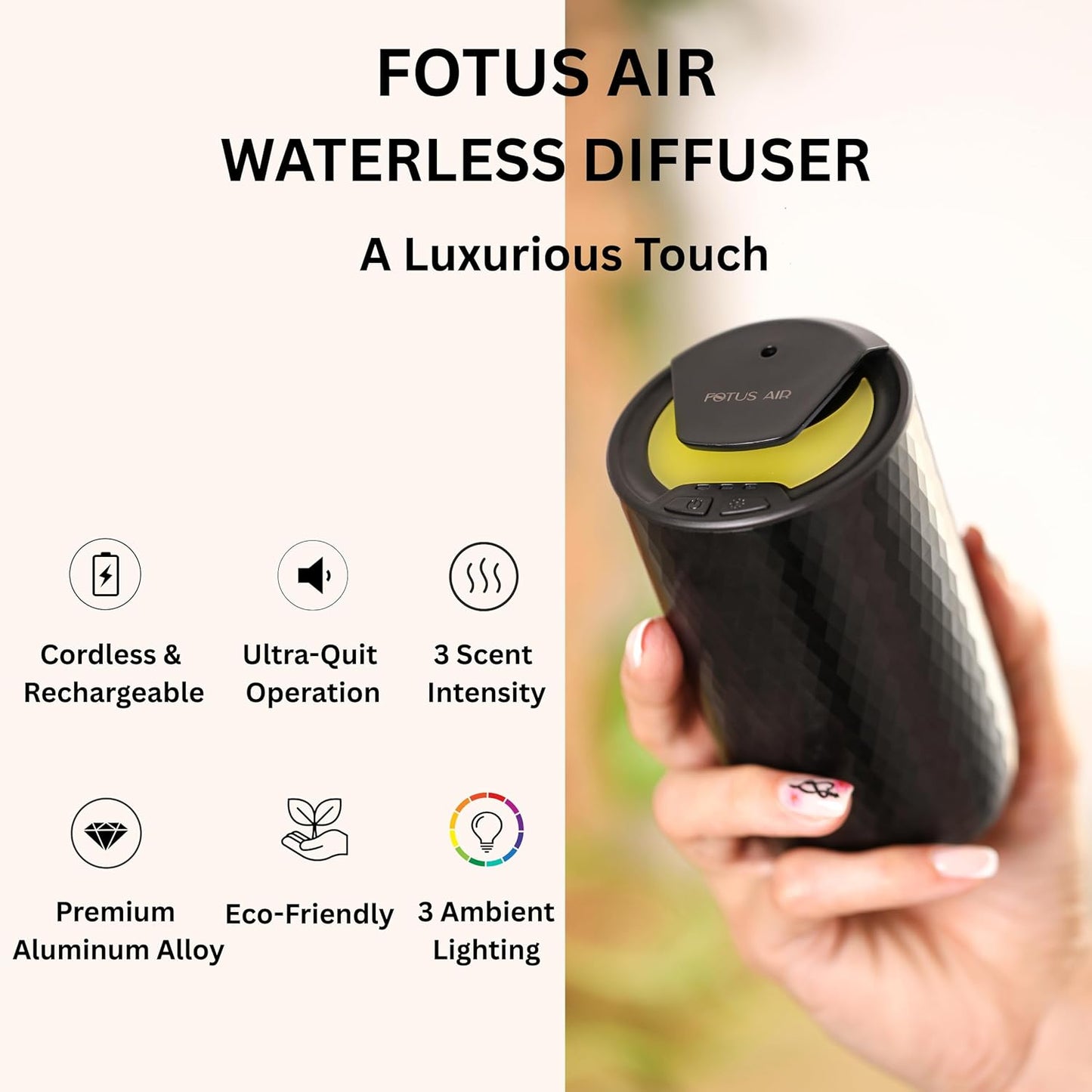 Waterless Essential Oil Diffuser – Portable Cordless Aromatherapy Diffuser for Home, Car, Office – 3 Mist Levels - 4 Timer Modes - 15ml Oil Capacity - USB-C Rechargeable