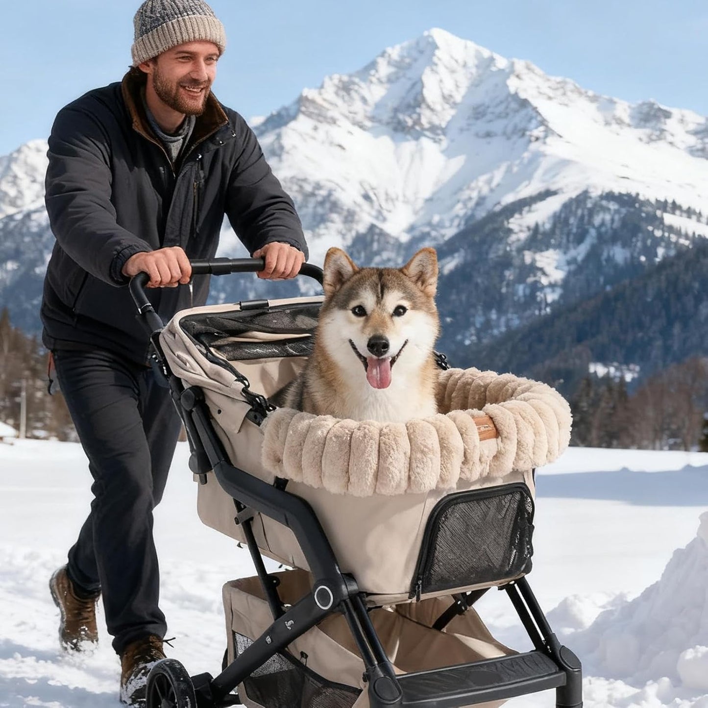Dog Stroller Cushion - Plush Warm Washable Mat, Magnetic Buckle, Outdoor Indoor Travel, Cat Puppy House, Outside Gear, Small Grey Fabric Lightweight Aesthetic Soft Pet Comfort Device