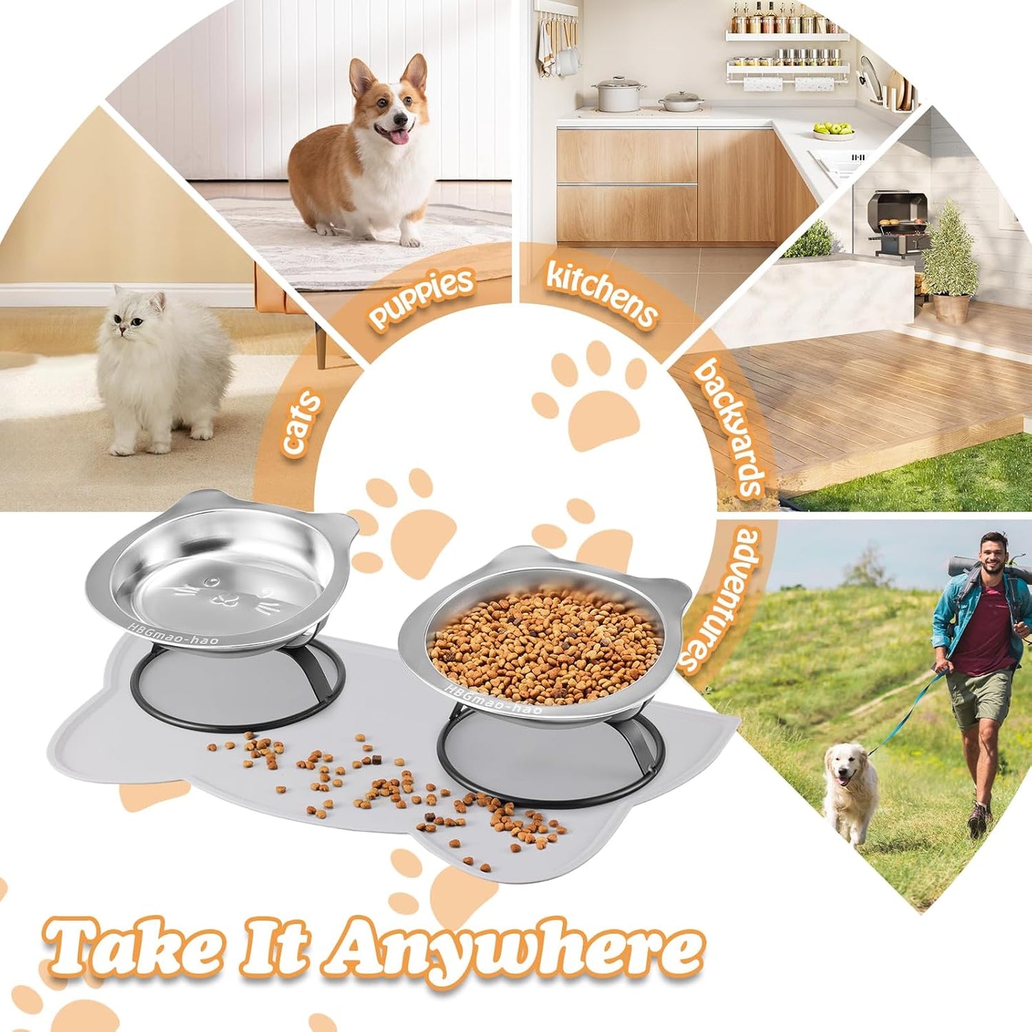 Elevated Cat Bowls with Non-Slip Mat - 7.1" Wide Whisker Friendly Dishes, Neck Stress-Free, Raised Stainless Steel Bowls for Flat-Faced/Senior Cats & Small Dogs, Indoor/Travel Use, 2-Pack