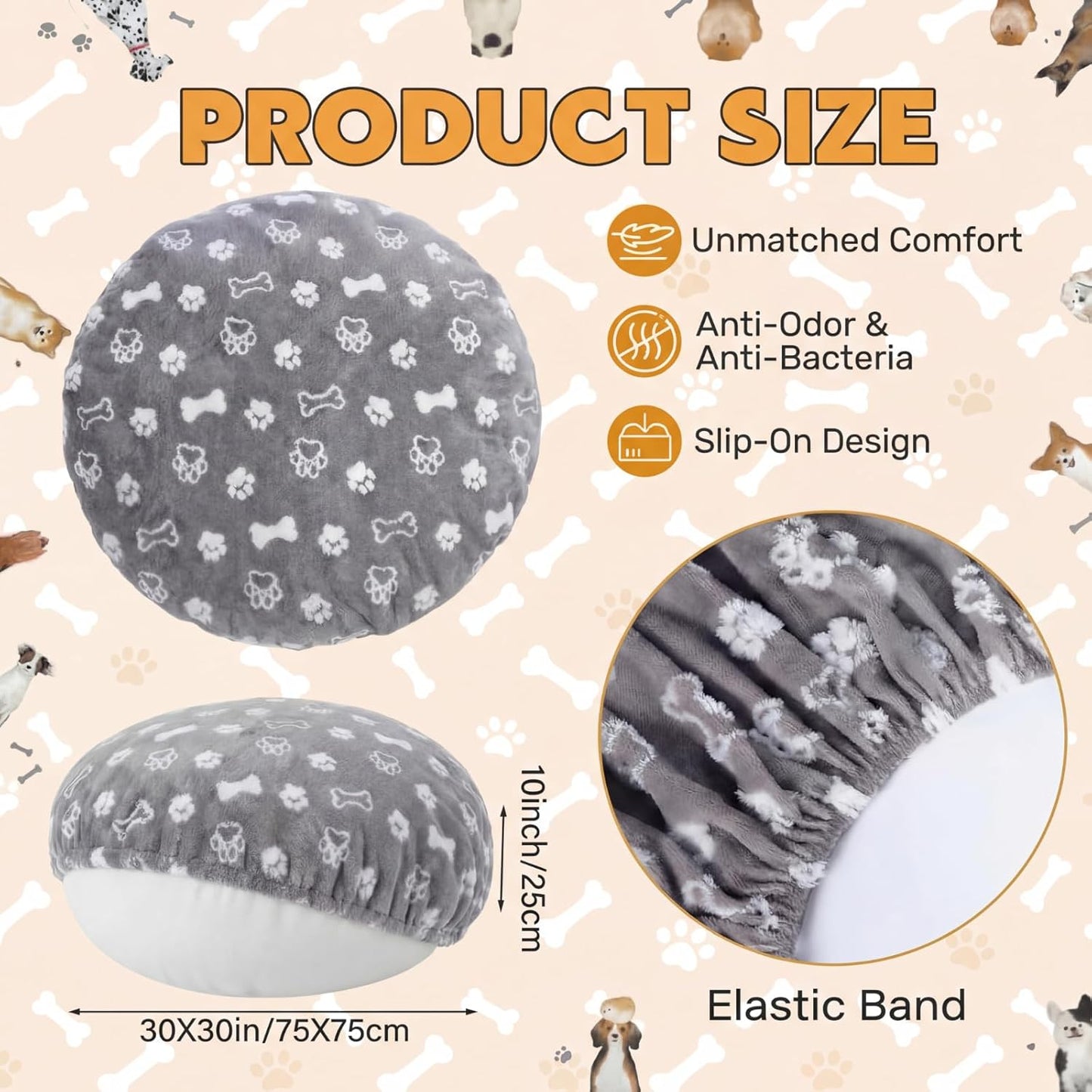 Oudain Washable Round Dog Bed Cover 30 x 30 x 10 Gray Paw Bone Prints Waterproof Dog Bed Cover Replacement for Round and Donut Dogs Beds Scratch Resistant Mattress Protector