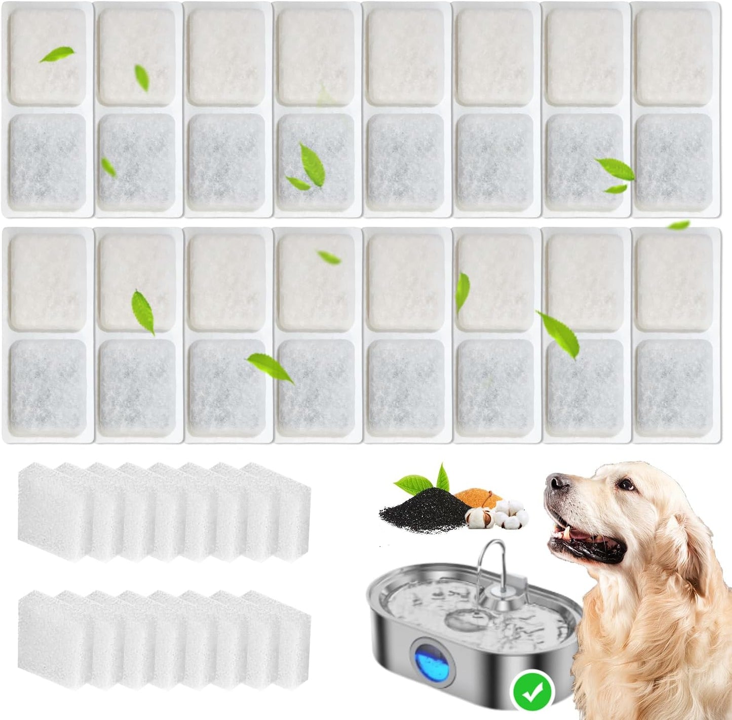 16 Pack Replacement Filters Compatible with 3.4Gal Dog Water Fountain, 6 Month Set for Large Dogs Water Bowl Dispenser, Includes 16 Filters & 16 Sponges